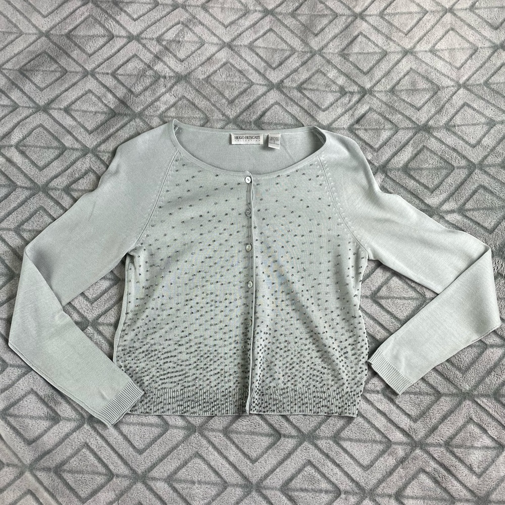 Hugo Buscati 100% silk cardigan with mother of pearl buttons and beads
